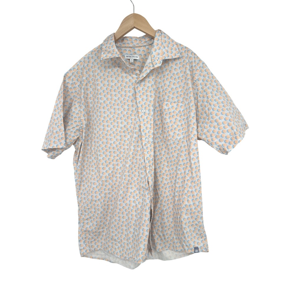 Peter Millar Golf Shirt Men L Blue Umbrella Novelty Print Button Down Preppy